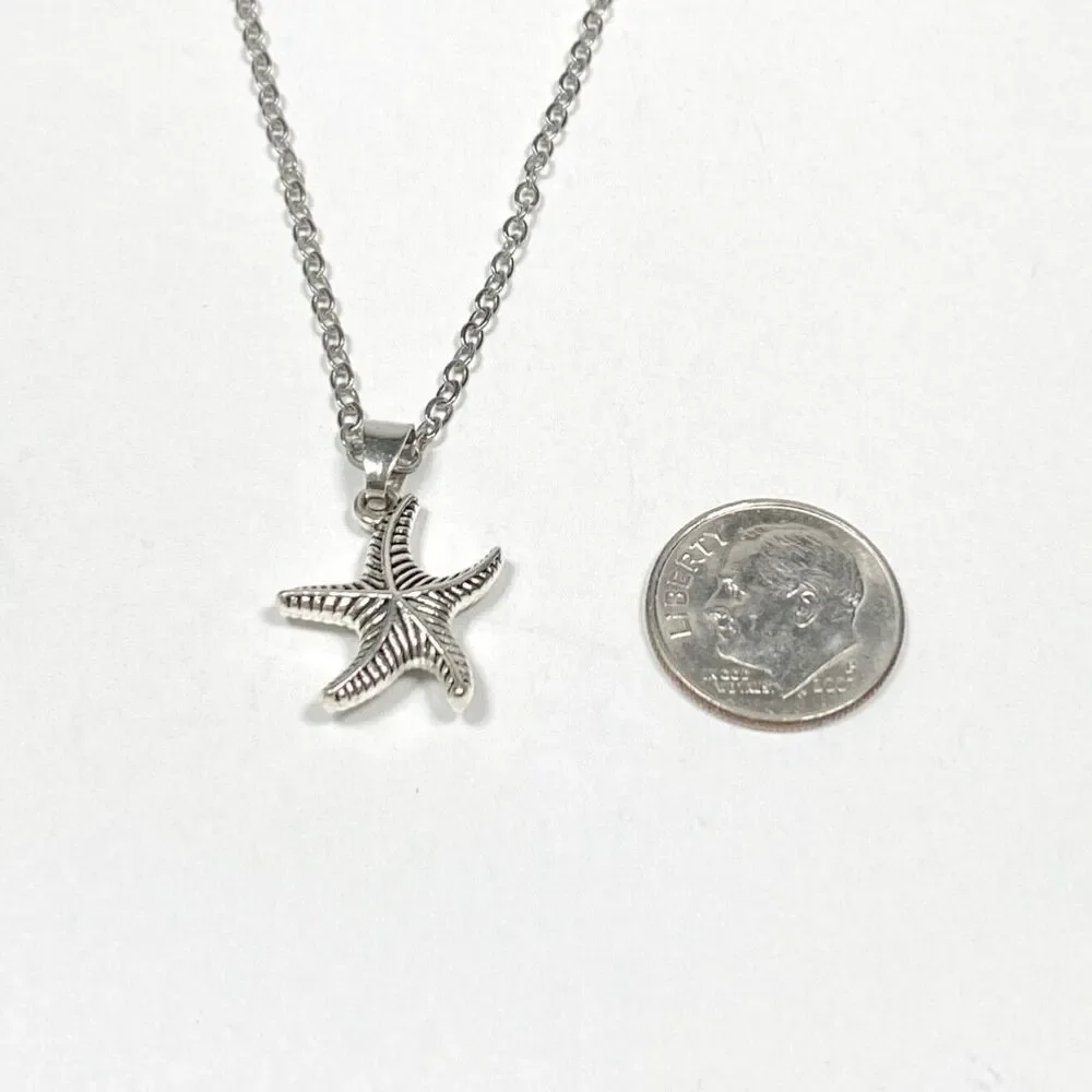 Puffy Starfish Pendant Necklace Dainty Silver Tone Ocean Beach Charm Minimalist